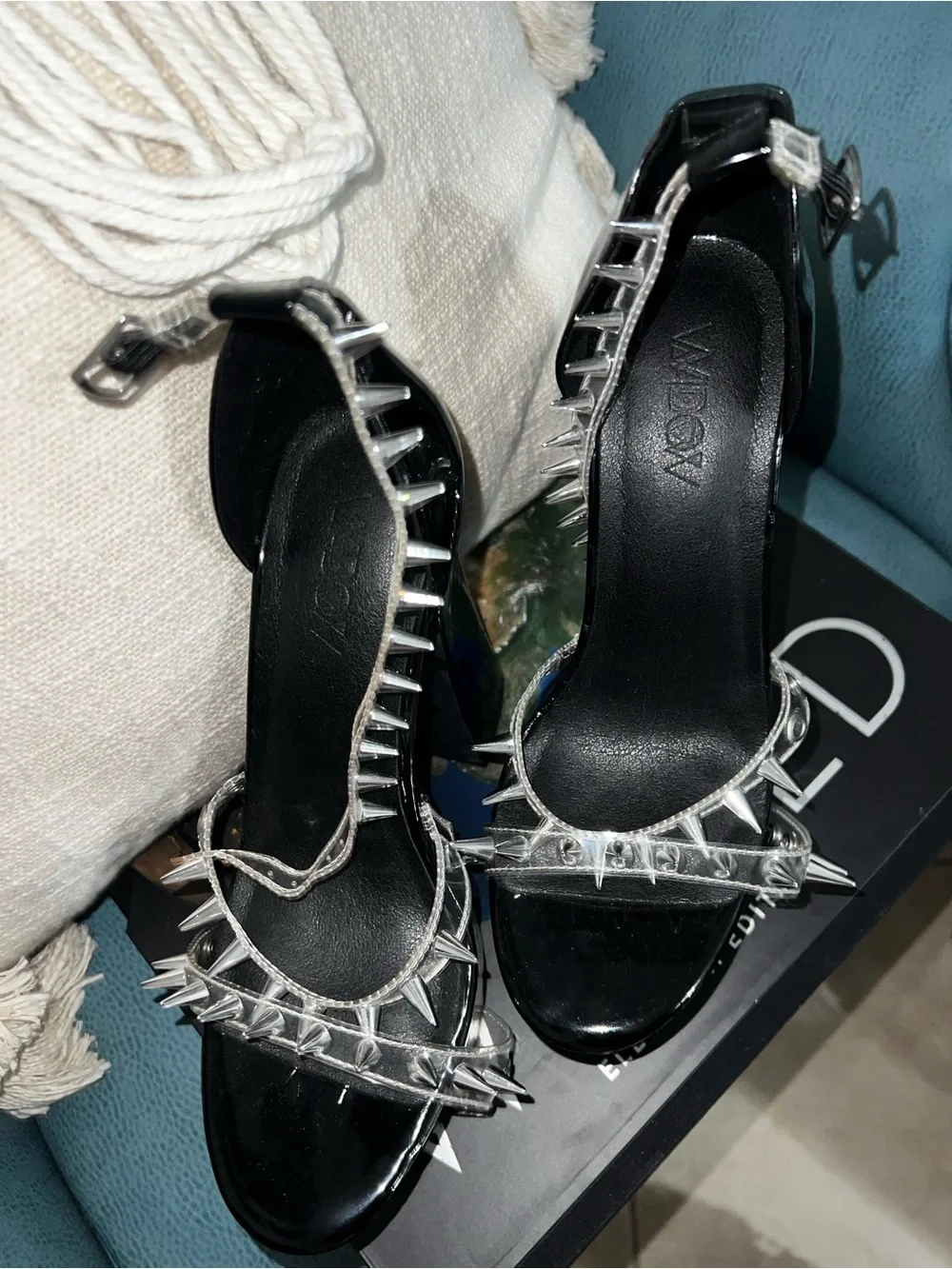 Widow Dolls Kill Black Patent Spike Platform Heels with Silver Studs